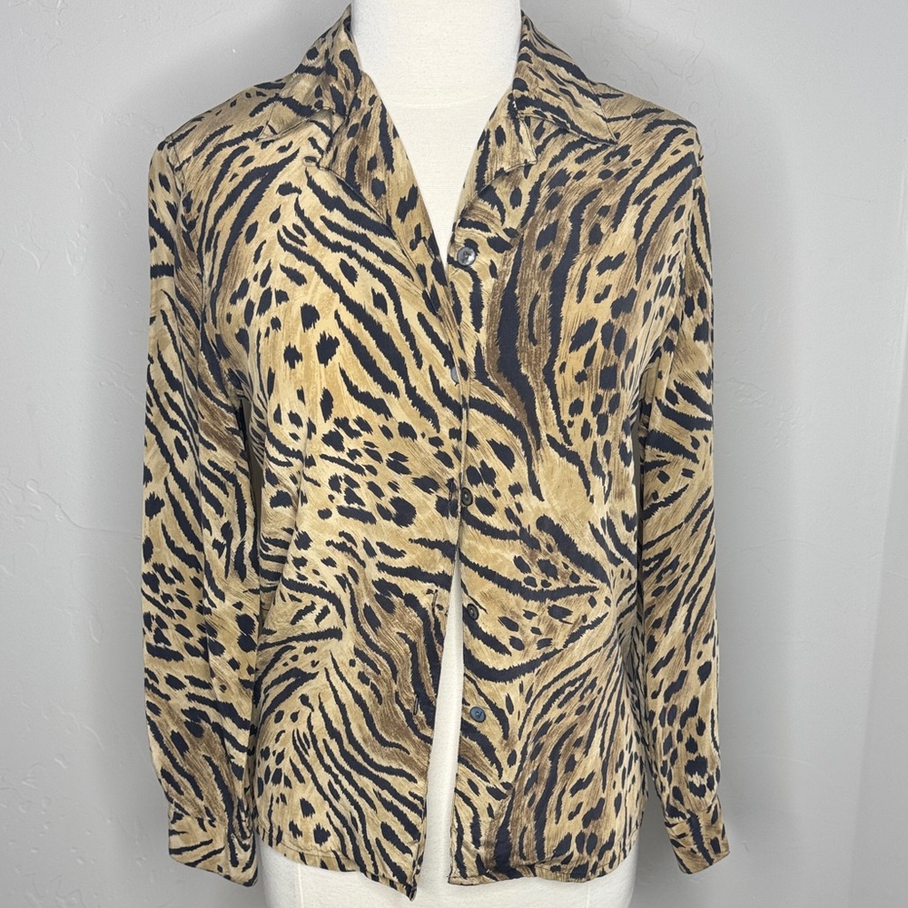 Leopard Print Button Down 100% Silk Shirt Fits S-M
